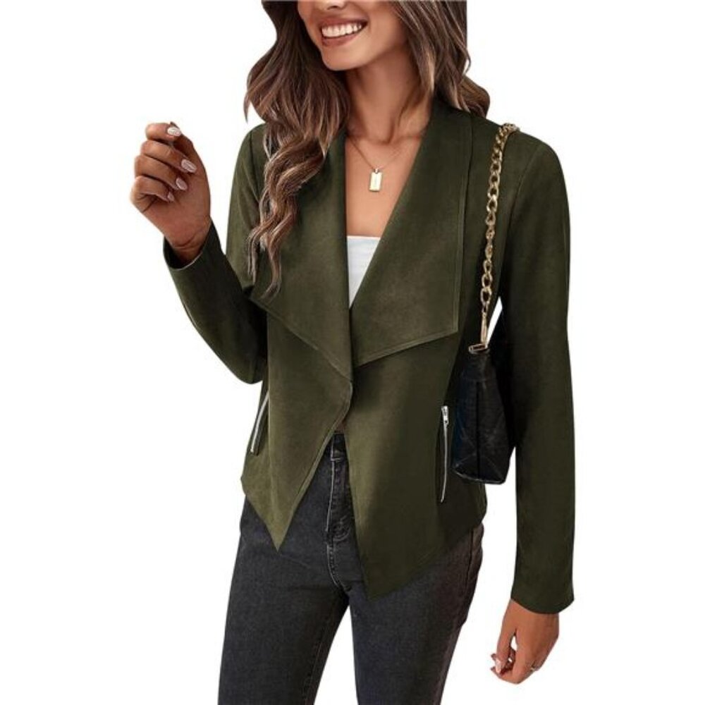 Womens Faux Suede Jacket Cropped Long Sleeve Open Front Coat Fall Outerwear